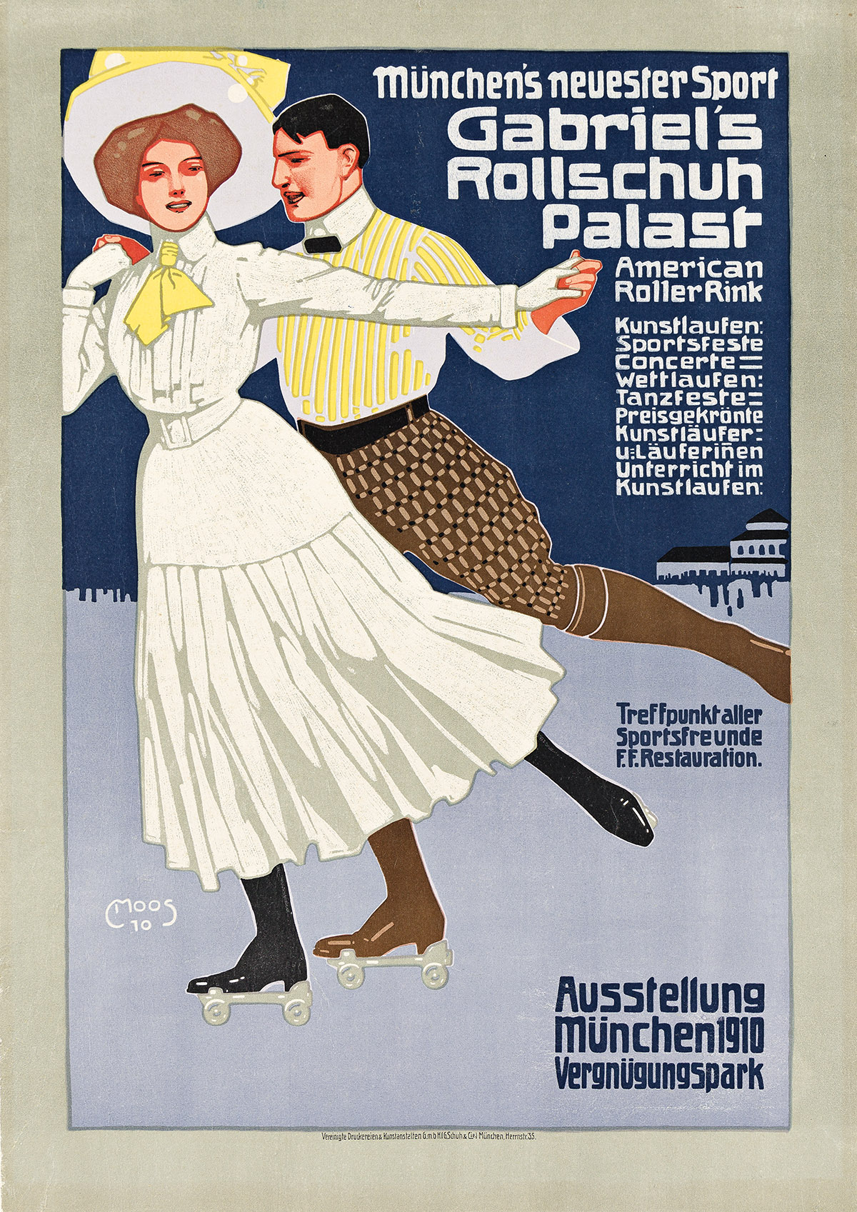 CARL FRANZ MOOS (1878-1959). GABRIELS ROLLSCHUH PALAST. Small format poster. 1910. 16½x11¾ inches, 42x29¾ cm. G. Schuh & Cie., Munich.